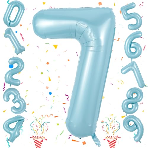 Luftballon Zahlen 7, Riesen Mylar Zahl Ballon 7 Pastell Blau Geburtstagdeko, 40 Zoll Folienballon für Kinder Jungen 7. Geburtstag Party Deko Frauen 7 Hochzeiten Jubiläum Dekoration, Fliegt mit Helium von Isndare