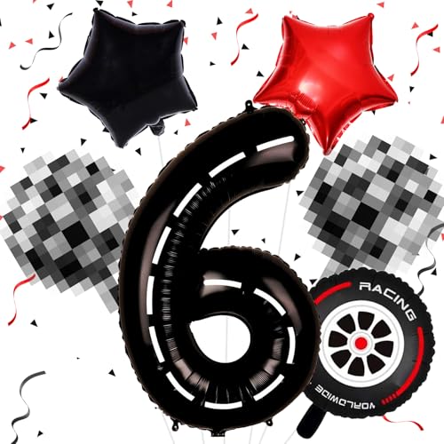 Rennauto Luftballons Geburtstag 6 Jahr Junge, Racing Folienballon 6. Geburtstag Deko, Zahl 6 Rennwagen Ballon, Kinder Junge Karierte Kindergeburtstag Racing Themen Party Rennparty von Isndare