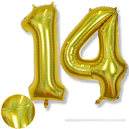 Riesen 14 Luftballon Zahl Laser Gold, 40 Zoll Helium 14 Zahlenballon Folienballon 14 Jahre Geburtstagsdeko, XXL Zahlen 14 Goldene Ballons für Mädchen 14. Geburtstag Deko Jubiläum Party Dekoration von Isndare