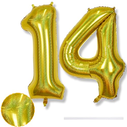 Riesen 14 Luftballon Zahl Laser Gold, 40 Zoll Helium 14 Zahlenballon Folienballon 14 Jahre Geburtstagsdeko, XXL Zahlen 14 Goldene Ballons für Mädchen 14. Geburtstag Deko Jubiläum Party Dekoration Riesen 14 Luftballon Zahl Laser Gold, 40 Zoll Helium 14 Zahlenballon Folienballon 14 Jahre Geburtstagsdeko, XXL Zahlen 14 Goldene Ballons für Mädchen 14. Geburtstag Deko Jubiläum Party Dekoration von Isndare