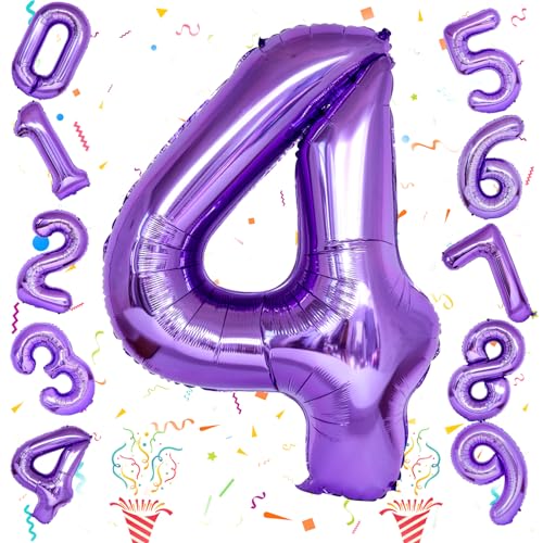 Riesen 4 Luftballon Zahl, 40'' Lila 4 Luftballon Deko, Folienballon 0–9 Geburtstagsdeko für Kinder Mädchen 4. Geburtstagr Party Deko Frauen 4 Hochzeiten Jubiläum Party Dekoration, Fliegt mit Helium von Isndare