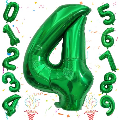 Riesen 4 Luftballon Zahl Deko, 40 Zoll Grün Helium Luftballon 4, Folienballon 0–9 Set für Kinder Mädchen Jungen 4. Geburtstag Party Dunkelgrün Deko Herren Frau 40 Dinosaurier Jungle Party Dekoration von Isndare