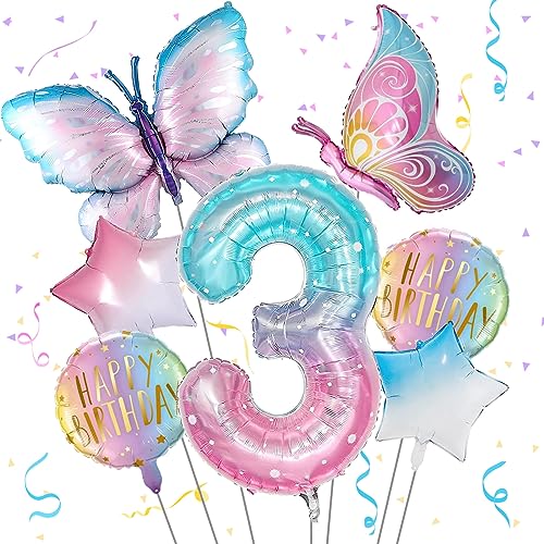 Schmetterling Folienballon 3 Jahre Geburtstag Deko, Bunt Schmetterlinge Geburtstagsdeko 3 Jahre Mädchen, Zahl 3 Luftballon Rosa, 3. Kinder Mädchen Geburtstag Schmetterling Themen Party von Isndare