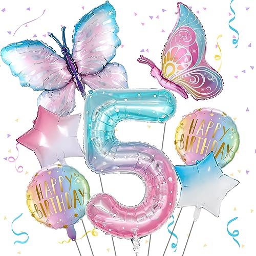 Schmetterling Folienballon 5 Jahre Geburtstag Deko, Bunt Schmetterlinge Geburtstagsdeko 5 Jahre Mädchen, Zahl 5 Luftballon Rosa, 5. Kinder Mädchen Geburtstag Schmetterling Themen Party von Isndare