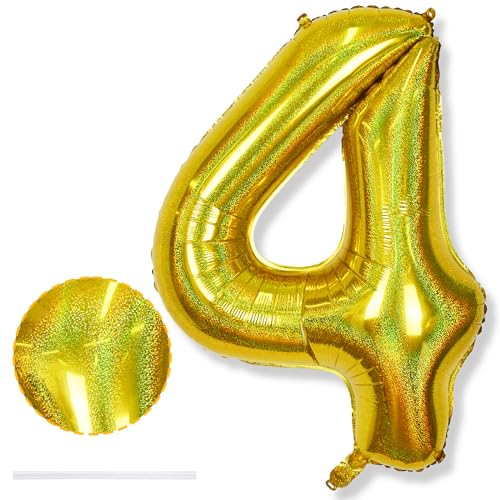 Riesen 4 Luftballon Zahl Laser Gold, 40 Zoll Helium 4 Zahlenballon Folienballon 4 Jahre Geburtstagsdeko, XXL Zahlen 4 Goldene Ballons für Mädchen Junge 4. Geburtstag Deko Jubiläum Party Dekoration von Isndare