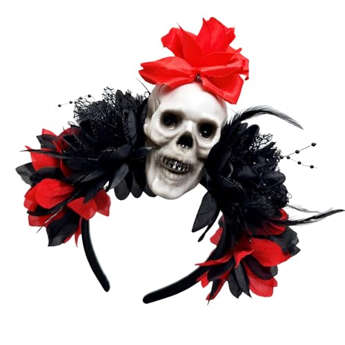 Itkcozcg Punk-Totenkopf-Haarband mit dunkler Blume, Halloween, Party, Haarreif, Kopf-Accessoire, rutschfestes Design für Festivals von Itkcozcg