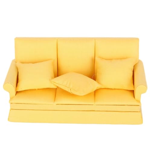Itonash 12 Doll House Mini -Sofa, Holzpuppenhaus -Sofa, Miniatur Wohnzimmermöbel mit 3 Prozentpunkten Kissen für Puppenhausdekoration, Zubehör für Baby (Gelb) von Itonash