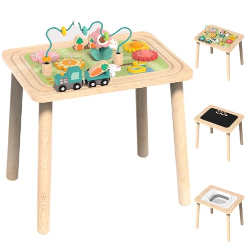 Itslife 3 in 1 Aktivitätstisch aus Holz für Kinder, Montessori Spielzeug ab 1 Jahr, Holzspielzeug Baby mit Perlen Labyrinth, Geschenke für Jungen und Mädchen zum 1. Geburtstag von Itslife