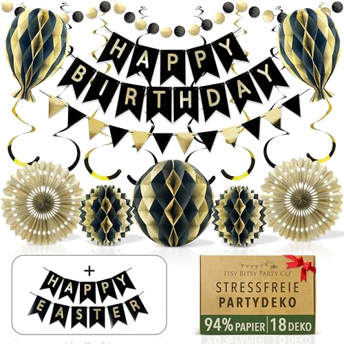 Premium Wiederverwendbare Geburtstagsdeko Mann - Schwarz Gold Deko Geburtstag / Party Deko - Happy Birthday Girlande, Wimpelkette Geburtstag, Wabenbälle - Happy Birthday Deko (Schwarz Gold Partydeko) von Itsy Bitsy Party Co