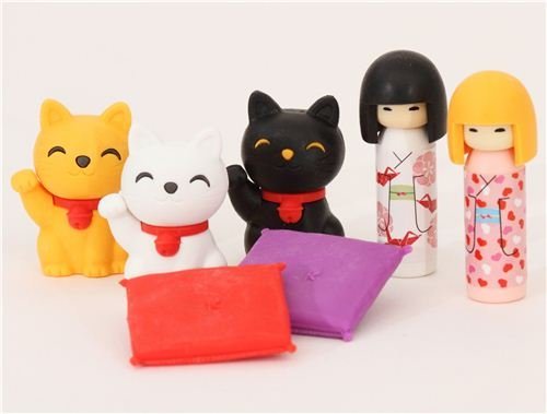 erasers 7 pieces rubber set Kokeshi dolls & lucky cats von Iwako