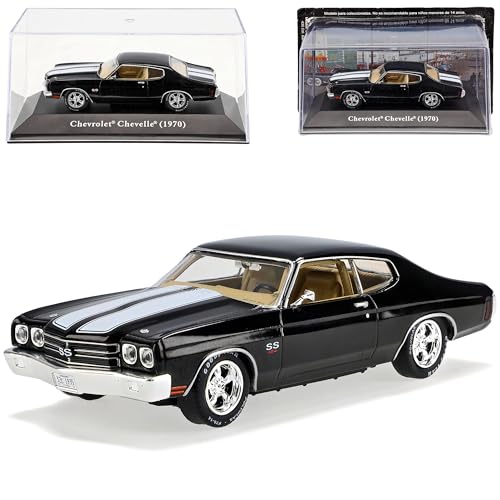 Ixo Chevrolet Chevy Chevelle SS Coupe Schwarz mit Streifen in Weiss 2. Generation 1968-1972 mit Sockel und Vitrine 1/43 Modell Auto von Ixo