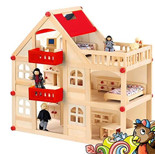 Puppenhaus aus Holz für Puppen, Puppenstube mit 3 Etagen, 4 Puppen und 15 Möbel, Tragegriff Puppenhaus aus Holz für Puppen, Puppenstube mit 3 Etagen, 4 Puppen und 15 Möbel, Tragegriff von Izzy