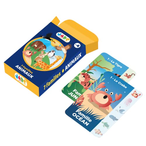 J.A.D.E - 7 Familien-Spiel zum Thema Tiere - Kartenspiel - 142121-54 Karten - Mehrfarbig - Kartonpapier - Französisches Design - Kinderpuzzle - Jade - Ab 4 Jahren von J.A.D.E