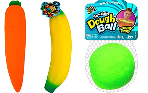JA-RU Dehnbare Bananen-, Karotten- und Teigball, sensorisches Spielzeug (3er-Pack), Stressabbau-Spielzeug, Fidget-Spielzeug für Kinder und Erwachsene, Autismus, Angst, Therapie, Squishy Toys & Party von JA-RU