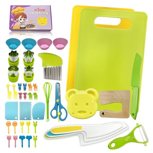 JAADU 43 Pièces Küchen-Spielzeugsets, Kinder Sicherheit Küchenmesser ab 2 Jahren, Wellenschneider, Ausstechformen und mehr – Montessori Kochset zum Schneiden von Obst, Brot und Gemüse von JAADU