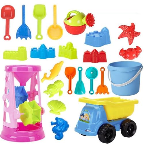 JABALUX 24 Stück Sandspielzeug Set, Sandspielzeug Strandspielzeug Kinder Reise Sandspielzeug mit Faltbarer Eimer Bagger Spielzeug Sandkasten Spielzeug mit Sandschaufel Wasserrad für Mädchen Junge (D) von JABALUX