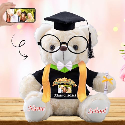 Graduationbär Personalisierte Graduation Geschenke mit Text+Foto, Teddybär mit Brille und Abschlussschal als Schulabschluss Geschenk für Ihn 2024 Oberschule Graduation 2024 (25cm--Text+Foto) von JABECODIFA