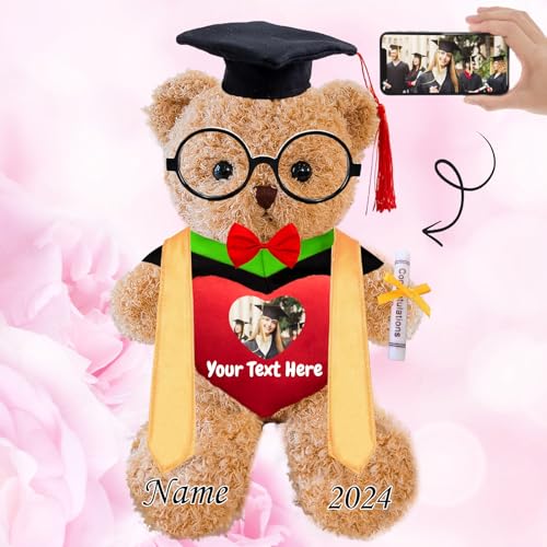 Graduationbär Personalisierte Graduation Geschenke mit Text+Foto, Teddybär mit Brille und Abschlussschal als Schulabschluss Geschenk für Ihn 2024 Oberschule Graduation 2024 (40cm-Text+Foto) von JABECODIFA
