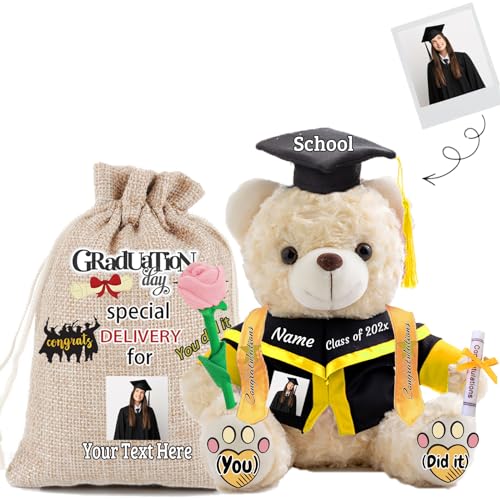 JABECODIFA Abschlussbär Klasse 2024 Personalisiertes Abschlussgeschenk für Kinder Teddybär mit Rose & Geschenktüte als Abschlussgeschenke 2024 (20cm-Text+Foto) von JABECODIFA