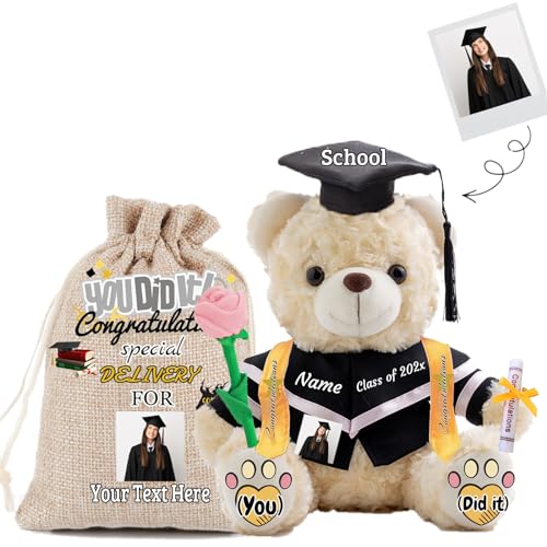 JABECODIFA Abschlussbär Klasse 2024 Personalisiertes Abschlussgeschenk für Kinder Teddybär mit Rose & Geschenktüte als Abschlussgeschenke 2024 (20cm-Text+Foto) von JABECODIFA