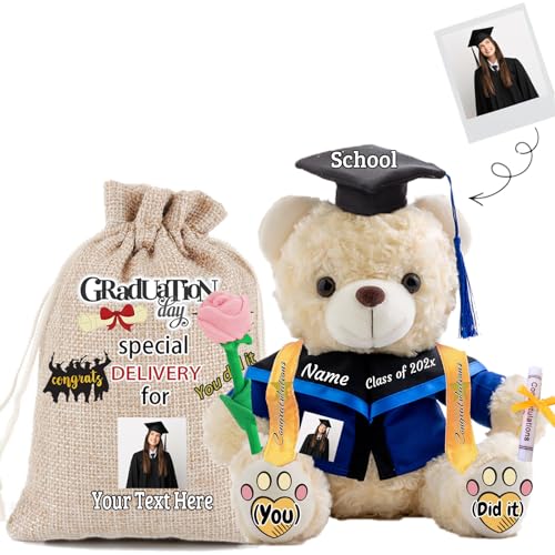 JABECODIFA Abschlussbär Klasse 2024 Personalisiertes Abschlussgeschenk für Kinder Teddybär mit Rose & Geschenktüte als Abschlussgeschenke 2024 (25cm-Text+Foto) von JABECODIFA