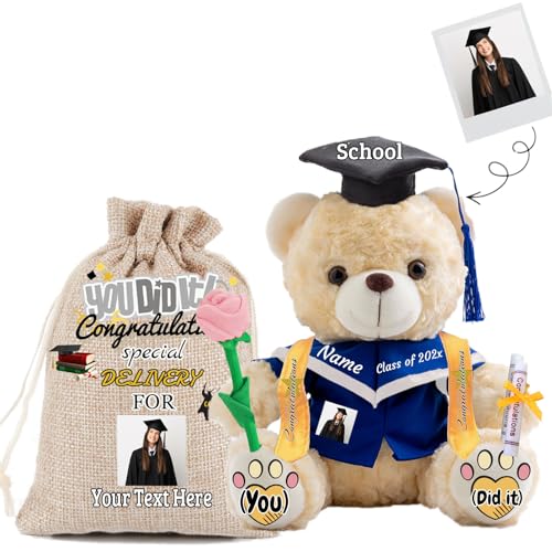 JABECODIFA Abschlussbär Klasse 2024 Personalisiertes Abschlussgeschenk für Kinder Teddybär mit Rose & Geschenktüte als Abschlussgeschenke 2024 (25cm-Text+Foto) von JABECODIFA