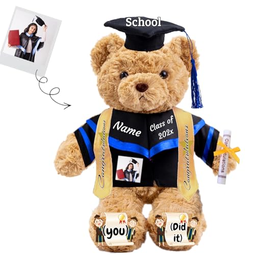 JABECODIFA Graduationbär Personalisierte mit Text+Foto als 2024 Abschlussgeschenke für Sie, Abschluss-Teddybär Plüschtier für Ihn als Oberschule Abschlussgeschenk 2024 (26cm-Text+Foto) von JABECODIFA