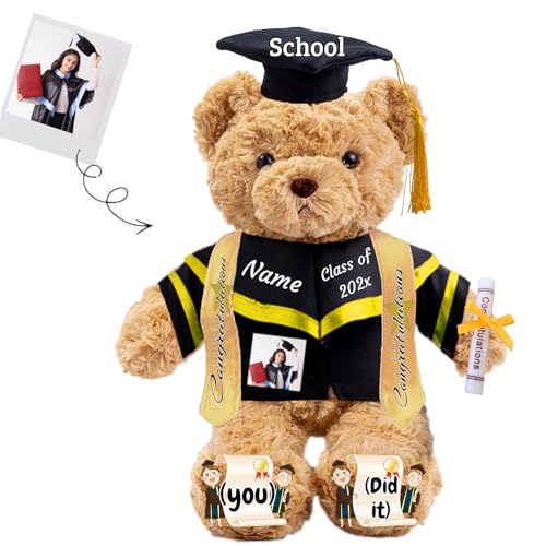 JABECODIFA Graduationbär Personalisierte mit Text+Foto als 2024 Abschlussgeschenke für Sie, Abschluss-Teddybär Plüschtier für Ihn als Oberschule Abschlussgeschenk 2024 (26cm-Text+Foto) von JABECODIFA