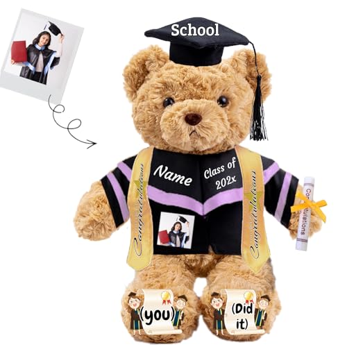JABECODIFA Graduationbär Personalisierte mit Text+Foto als 2025 Abschlussgeschenke für Sie, Abschluss-Teddybär Plüschtier für Ihn als Oberschule Abschlussgeschenk 2025 (26cm-Text+Foto) von JABECODIFA