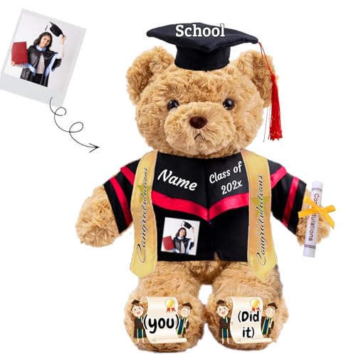 JABECODIFA Graduationbär Personalisierte mit Text+Foto als 2025 Abschlussgeschenke für Sie, Abschluss-Teddybär Plüschtier für Ihn als Oberschule Abschlussgeschenk 2025 (26cm-Text+Foto) von JABECODIFA