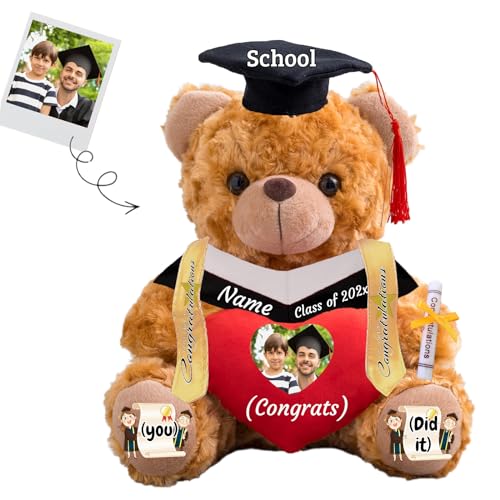 JABECODIFA Personalisierter Abschluss-Teddybär 2024, Abschlussgeschenke für Sie mit Text+Foto, Abschlussbär mit Herz als Abschlussgeschenk für Ihn zum Abschluss 2024 (20cm-Text+Foto) von JABECODIFA