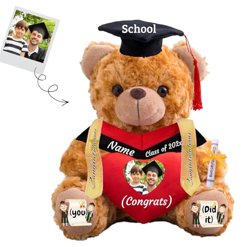 JABECODIFA Personalisierter Abschluss-Teddybär 2024, Abschlussgeschenke für Sie mit Text+Foto, Abschlussbär mit Herz als Abschlussgeschenk für Ihn zum Abschluss 2024 (25cm-Text+Foto) von JABECODIFA