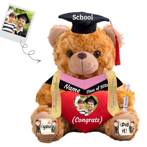 JABECODIFA Personalisierter Abschluss-Teddybär 2025, Abschlussgeschenke für Sie mit Text+Foto, Abschlussbär mit Herz als Abschlussgeschenk für Ihn zum Abschluss 2025 (25cm-Text+Foto) von JABECODIFA