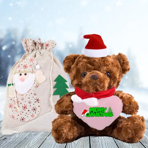 JABECODIFA Weihnachten Teddybär mit Geschenktüten Weihnachten mit Nikolausmütze und Weihnachtsschleifen als Besondere Geschenk Freundin Weihnachten (20-cm) von JABECODIFA