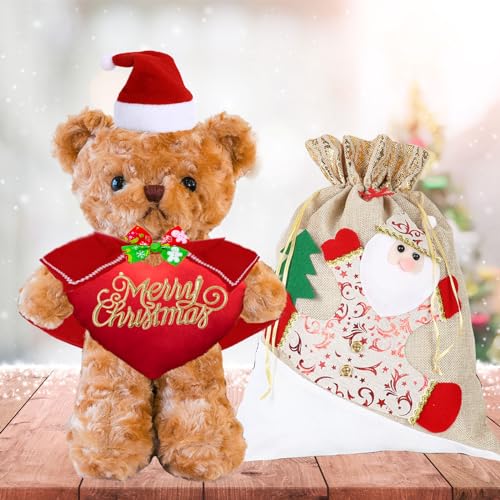 JABECODIFA Weihnachten Teddybär mit Geschenktüten Weihnachten mit Nikolausmütze und Weihnachtsschleifen als Besondere Geschenk Freundin Weihnachten (25cm) von JABECODIFA