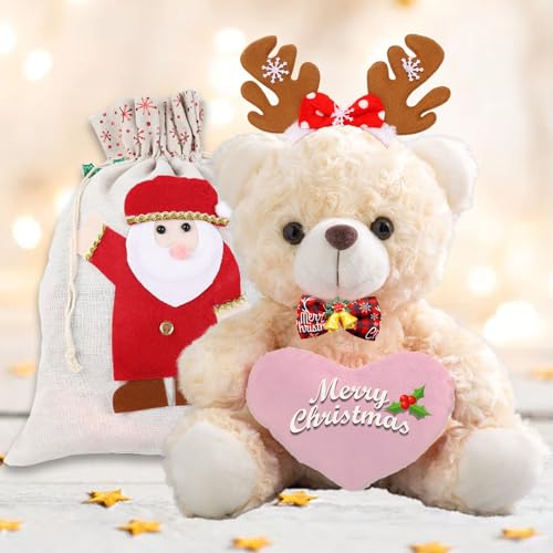 JABECODIFA Weihnachten Teddybär mit Geschenktüten Weihnachten mit Weihnachtsschmuck und Weihnachtsschleifen als Besondere Geschenke für Frauen Weihnachten (25cm) von JABECODIFA