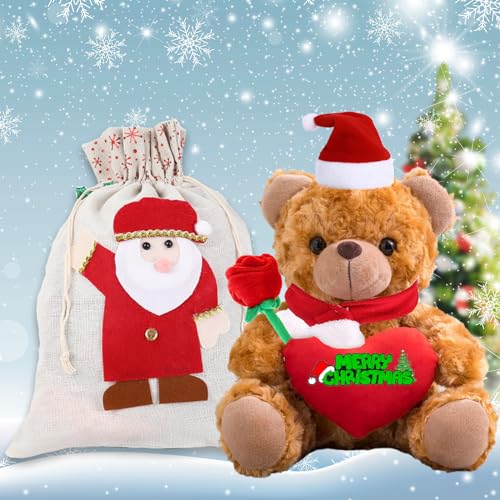 JABECODIFA Weihnachten Teddybär mit Rose, Weihnachten Teddybär mit Geschenktüten Weihnachten mit Nikolausmütze und Weihnachtsschleifen als Besondere Geschenke für Paare Weihnachten (20 cm) von JABECODIFA