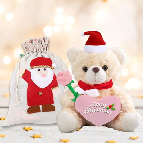 JABECODIFA Weihnachten Teddybär mit Rose, Weihnachten Teddybär mit Geschenktüten Weihnachten mit Nikolausmütze und Weihnachtsschleifen als Besondere Geschenke für Paare Weihnachten (20cm) von JABECODIFA