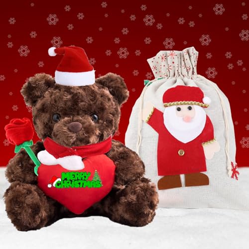 JABECODIFA Weihnachten Teddybär mit Rose, Weihnachten Teddybär mit Geschenktüten Weihnachten mit Nikolausmütze und Weihnachtsschleifen als Besondere Geschenke für Paare Weihnachten (25-cm) von JABECODIFA