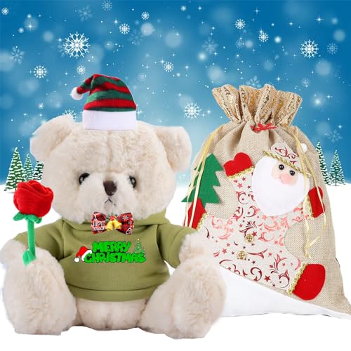 JABECODIFA Weihnachten Teddybär mit Rose, Weihnachten Teddybär mit Geschenktüten Weihnachten mit Nikolausmütze und Weihnachtsschleifen für Besondere Geschenke für Paare Weihnachten (20cm) von JABECODIFA