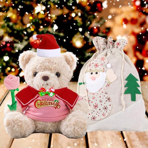 JABECODIFA Weihnachten Teddybär mit Rose, Weihnachten Teddybär mit Geschenktüten Weihnachten mit Nikolausmütze und Weihnachtsschleifen für Besondere Geschenke für Paare Weihnachten (25 cm) von JABECODIFA