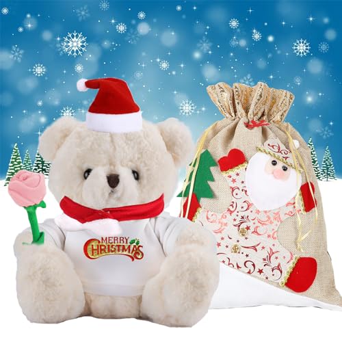 JABECODIFA Weihnachten Teddybär mit Rose, Weihnachten Teddybär mit Geschenktüten Weihnachten mit Nikolausmütze und Weihnachtsschleifen für Besondere Geschenke für Paare Weihnachten (25cm) von JABECODIFA