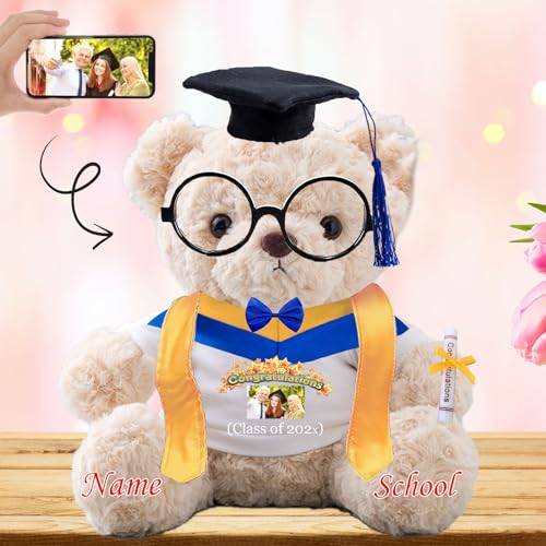 Personalisierter Abschluss-Teddybär 2024, Abschlussgeschenke für Sie mit Text+Foto, Abschlussbär mit Brille und Abschlussschal als Abschlussgeschenk für Ihn zum Abschluss 2024 (25-cm-Text+Foto) von JABECODIFA