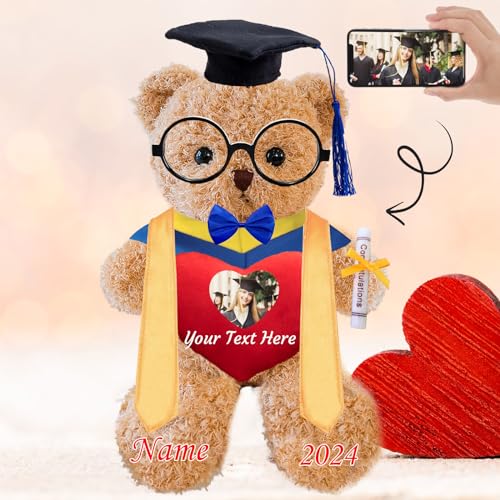 Personalisierter Abschluss-Teddybär 2024, Abschlussgeschenke für Sie mit Text+Foto, Abschlussbär mit Brille und Abschlussschal als Abschlussgeschenk für Ihn zum Abschluss 2024 (25cm-Text+Foto) von JABECODIFA