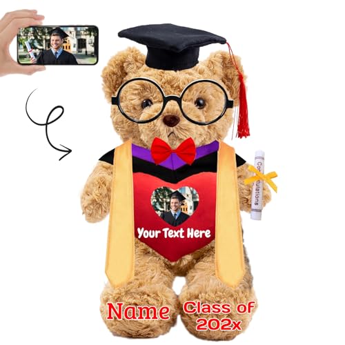 Personalisierter Abschluss-Teddybär 2025, Abschlussgeschenke für Sie mit Text+Foto, Abschlussbär mit Brille und Abschlussschal als Abschlussgeschenk für Ihn zum Abschluss 2025 (26cm-Text+Foto) von JABECODIFA