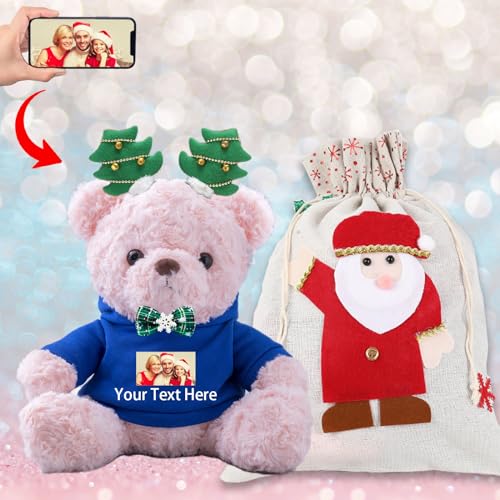 Personalisierter Teddybär mit Text+Foto, Weihnachten Teddybär mit Geschenktüten Weihnachten, Deko Weihnachtsbaum und Weihnachtsschleifen als Personalisierte Geschenke für Frauen Weihnachten (25-cm) von JABECODIFA