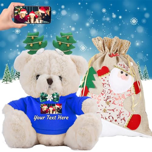Personalisierter Teddybär mit Text+Foto, Weihnachten Teddybär mit Geschenktüten Weihnachten, Deko Weihnachtsbaum und Weihnachtsschleifen als Personalisierte Geschenke für Frauen Weihnachten (20cm) von JABECODIFA