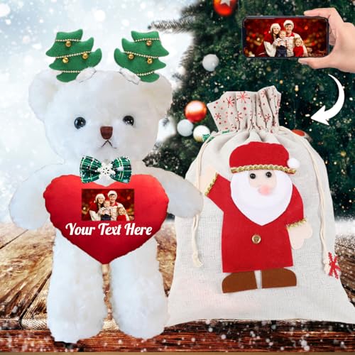 Personalisierter Teddybär mit Text+Foto, Weihnachten Teddybär mit Geschenktüten Weihnachten, Deko Weihnachtsbaum und Weihnachtsschleifen als Personalisierte Geschenke für Männer Weihnachten (30 cm) von JABECODIFA