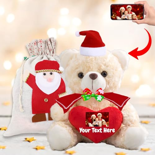 Personalisierter Teddybär mit Text+Foto, Weihnachten Teddybär mit Geschenktüten Weihnachten, Nikolausmütze und Weihnachtsschleifen als Personalisierte Geschenk Beste Freundin Weihnachten (25cm) von JABECODIFA