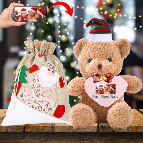 Personalisierter Teddybär mit Text+Foto, Weihnachten Teddybär mit Geschenktüten Weihnachten, Nikolausmütze und Weihnachtsschleifen als Personalisierte Geschenk Beste Freundin Weihnachten (30cm) von JABECODIFA